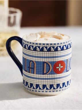 Anthropologie Bistro Tile Stoneware 24k Gold Accent Italia Mug Cup New Tomato 🍅